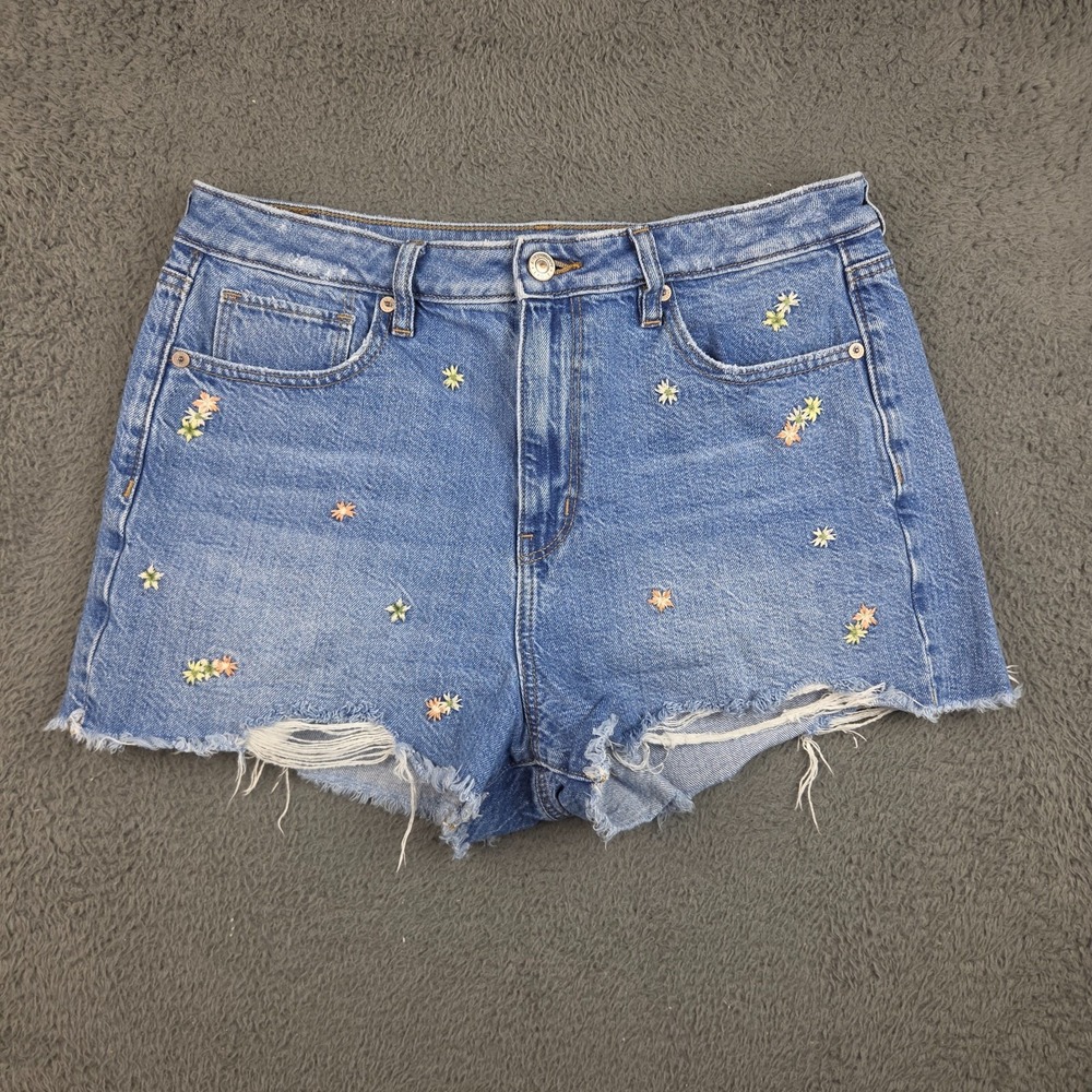 American Eagle Mom Shorts Women W10 L2 Blue High Rise Stretch Cutoff Floral Boho